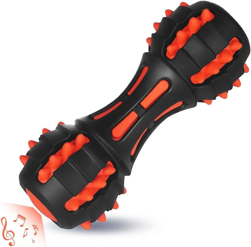 Red rubber dumbbell-shaped dog chew toy for aggressive chewers on a white background.