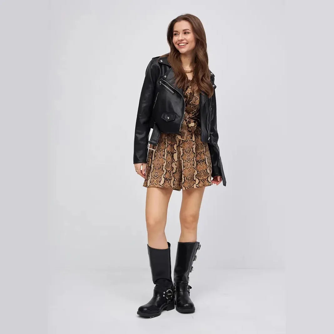 Women's black retro-style PU leather coat on a hanger, showing regular sleeves and hip length.