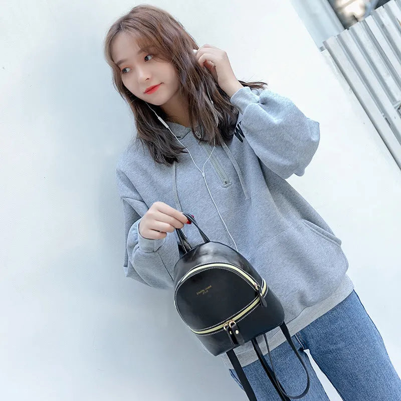 Mini oil wax leather backpack for women in wine red with oval retro Korean style and coin pocket