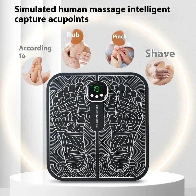 Blue and orange reflexology foot massager mat with USB charging cable and remote control