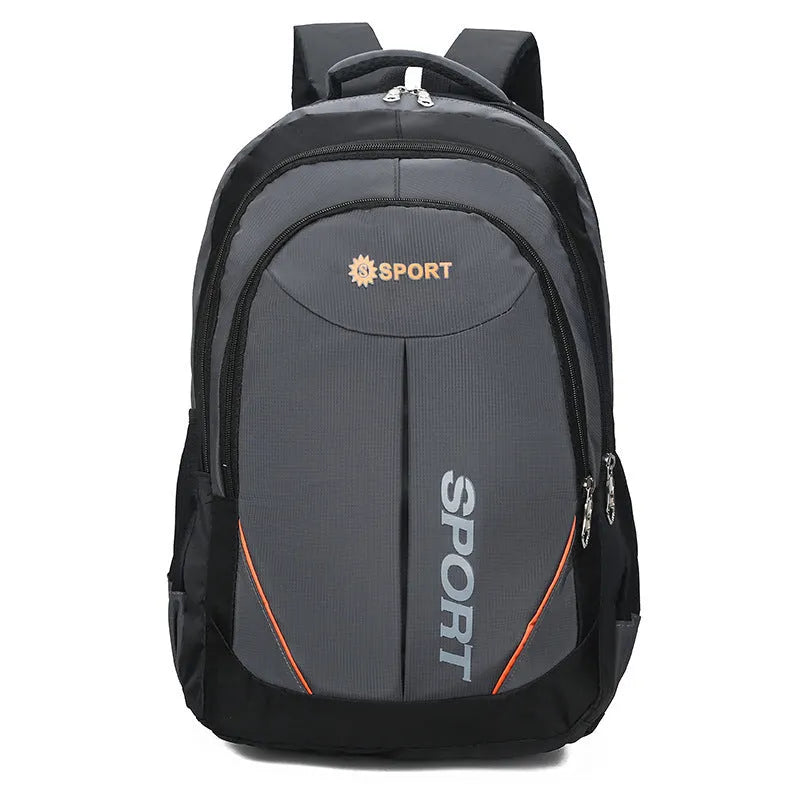 Men's large capacity nylon backpack in black with curved shoulder straps and letter design