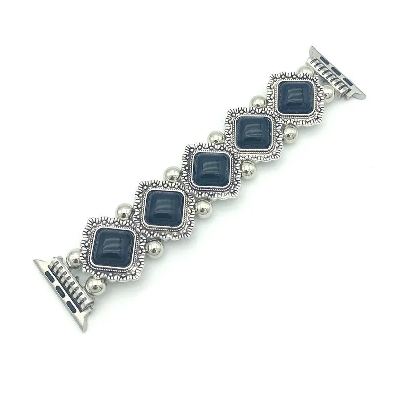 Bohemian turquoise smart watch strap on a black background showing 15cm length with three colour options black blue red