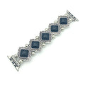 Bohemian turquoise smart watch strap on a black background showing 15cm length with three colour options black blue red