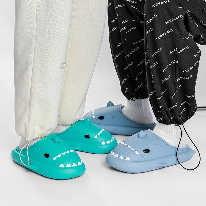 Cartoon shark EVA slippers in grey couple colour, closed-toe baotou style with thickened plush lining and non-slip sole
