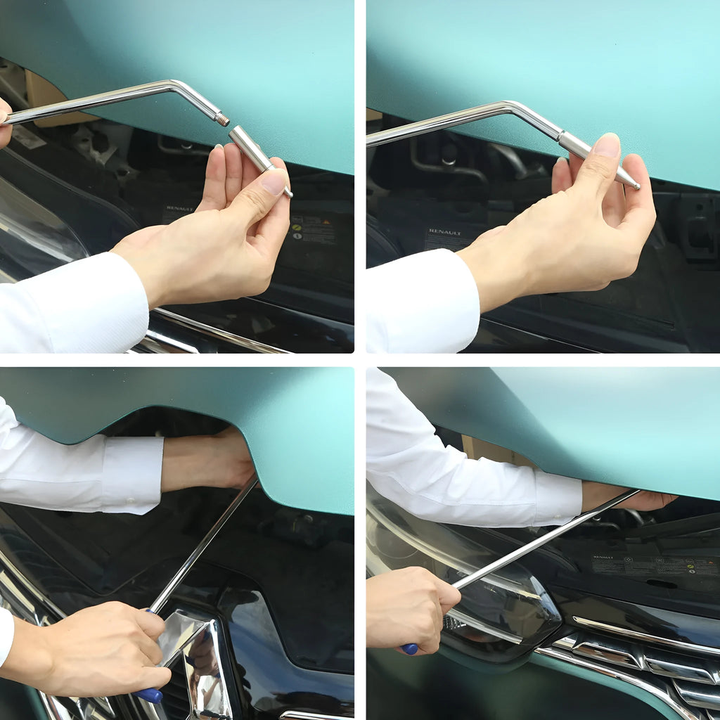 Three alloy steel hook crowbars for DIY car dent repair on a workbench.