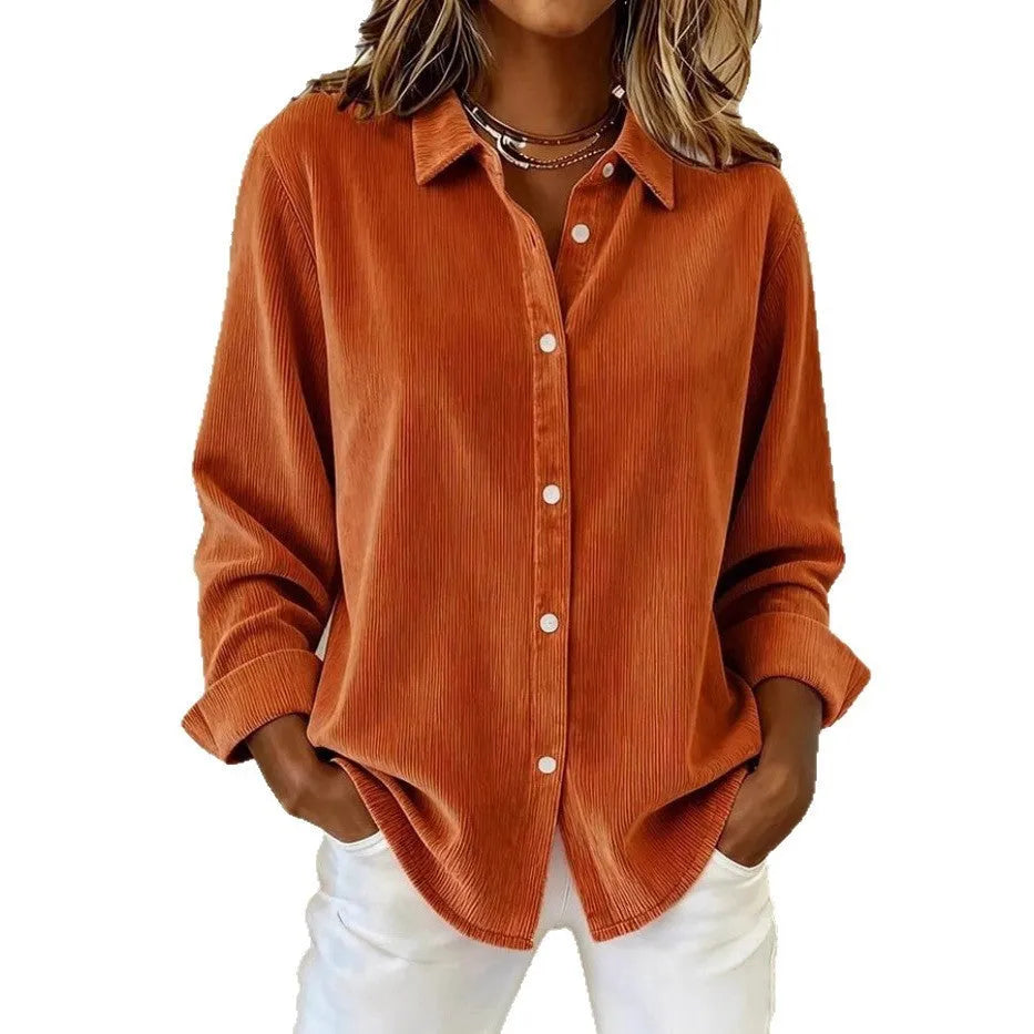 Women's corduroy casual shirt in solid colour with lapel collar and long sleeves, available in multiple sizes