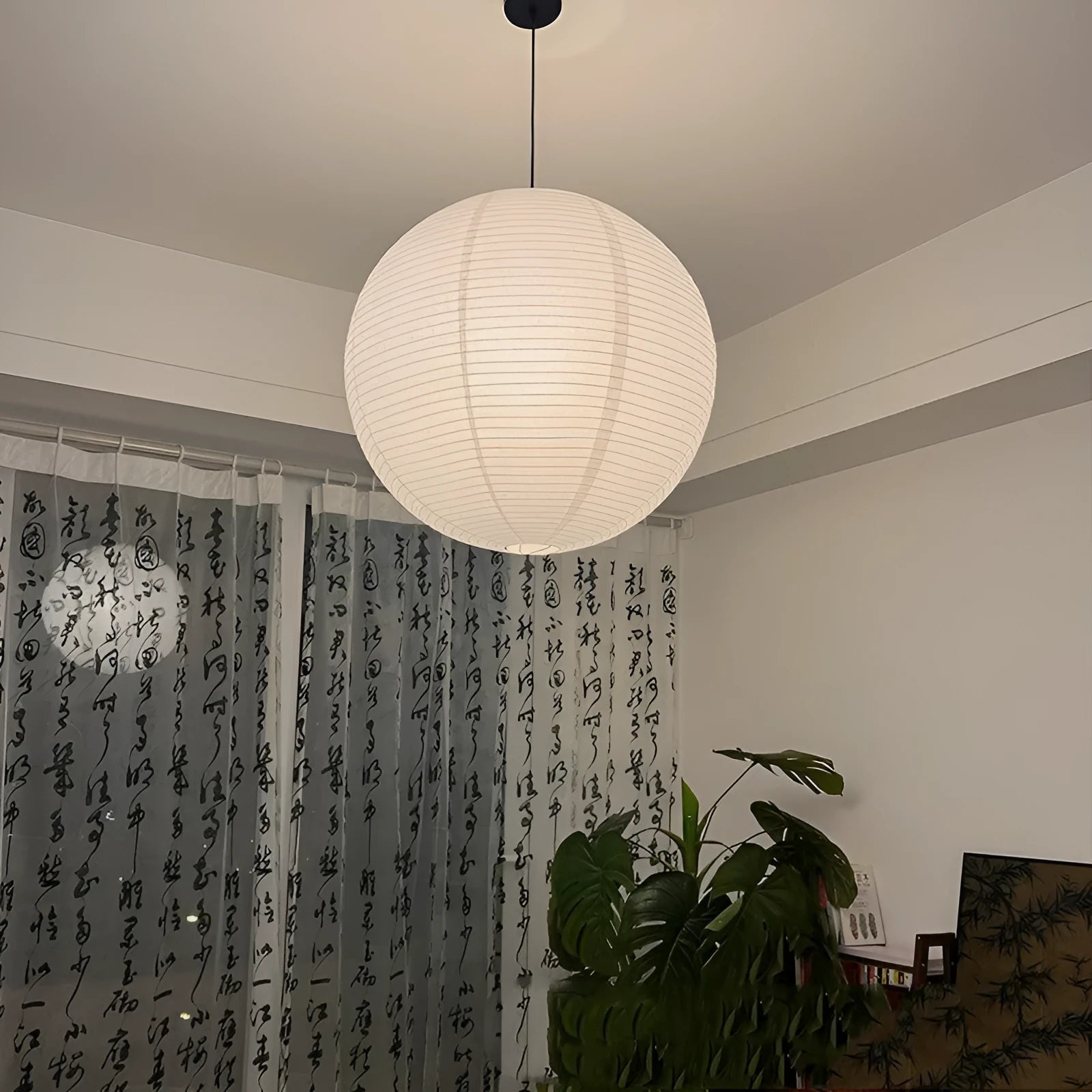 Beige tissue paper lampshade chandelier with black line, 60cm diameter, iron body, warm LED light