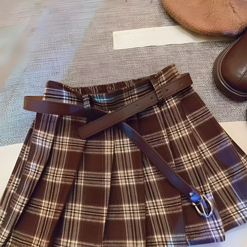 Girls' plaid pleated A-line skirt in cotton blend fabric for heights 90cm to 140cm