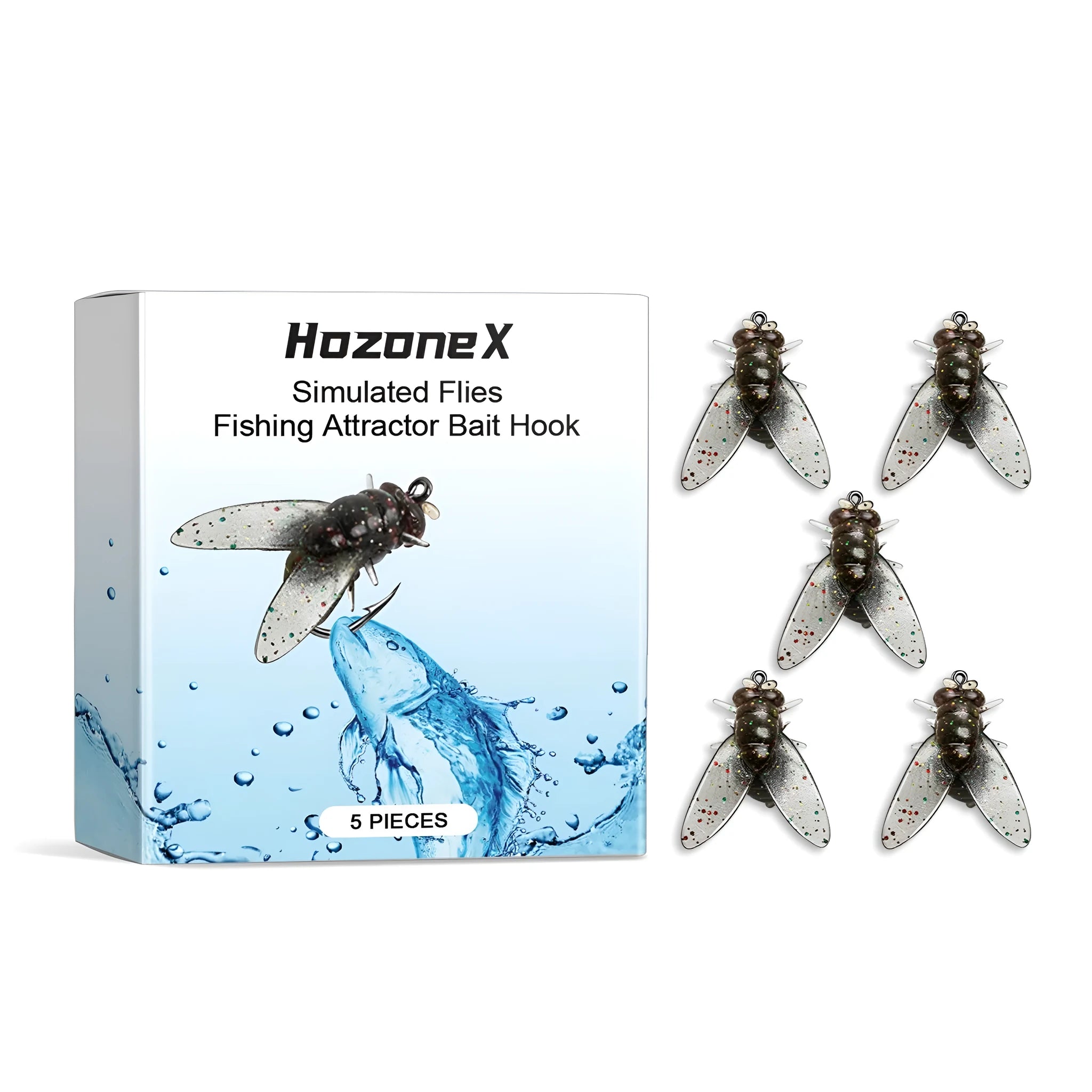 Five small, square 1.5cm biomimetic insect soft bait fishing lures on a hook.
