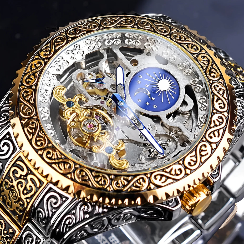 Forsining yellow stainless steel skeleton automatic mechanical watch showing carved tourbillon movement