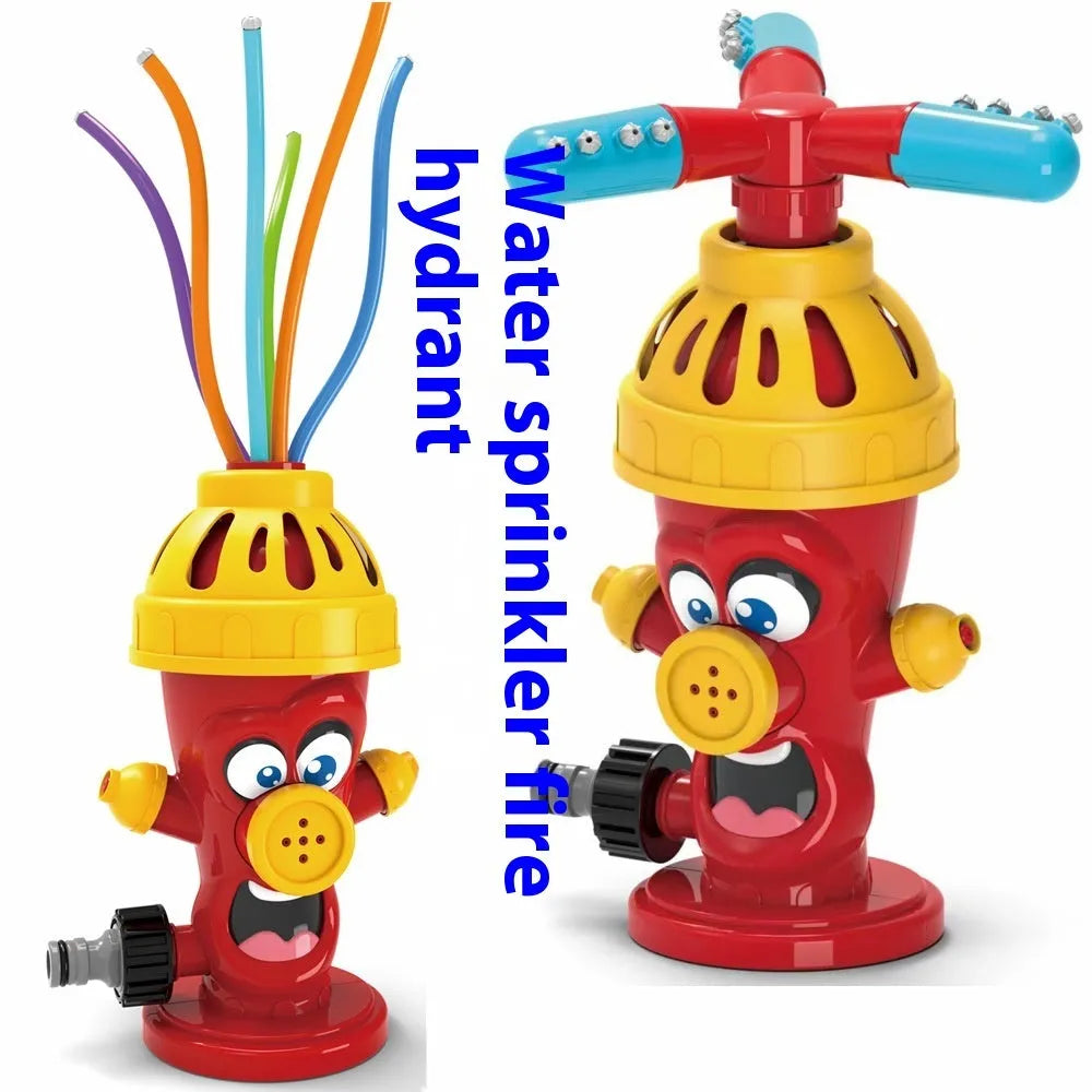 Cactus-shaped outdoor water sprinkler toy for kids connecting to a garden hose in a sunny backyard