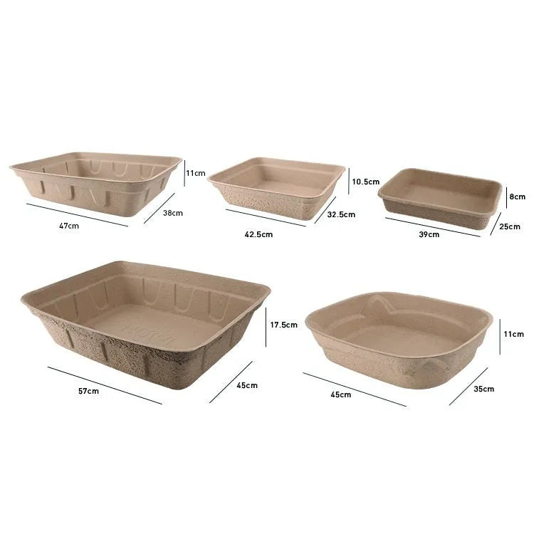 Brown disposable waterproof cat litter box with three size options displayed.