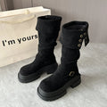 Women's retro chunky-heel knee-high boots in black with side zipper and round toe