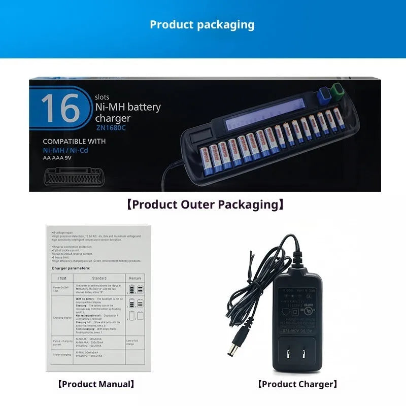 VIP-1680C LCD smart charger with 16 slots for AA AAA batteries and two 9V slots, ABS flame retardant casing, EU US plug options