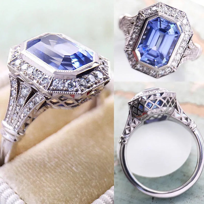 Fashion long hexagonal blue metal women's ring made of copper with electroplated finish, front view