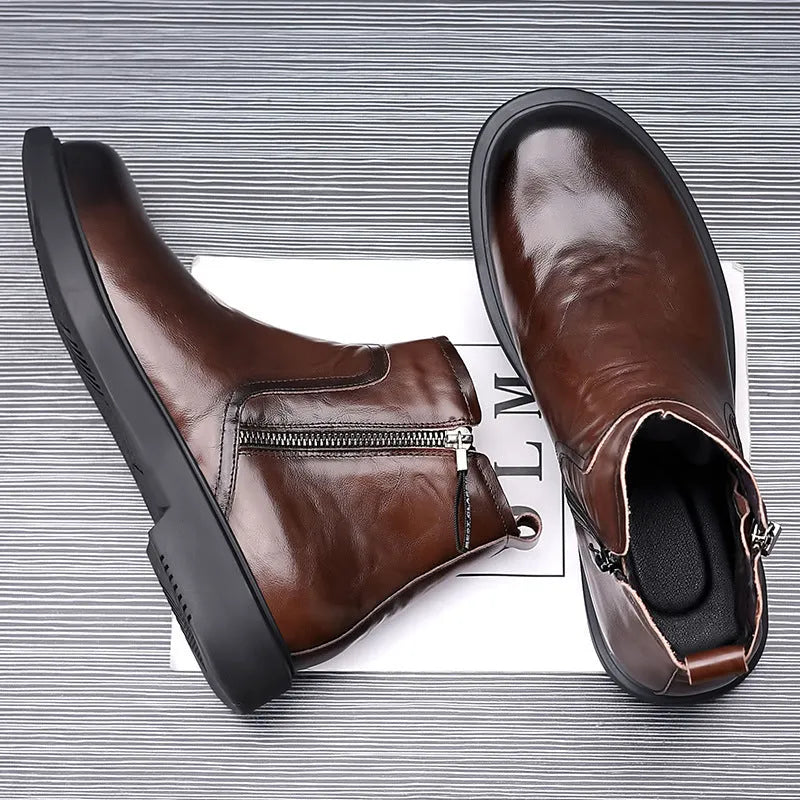 Men's genuine leather Chelsea boots in brown, non-slip rubber sole, round toe, side zipper