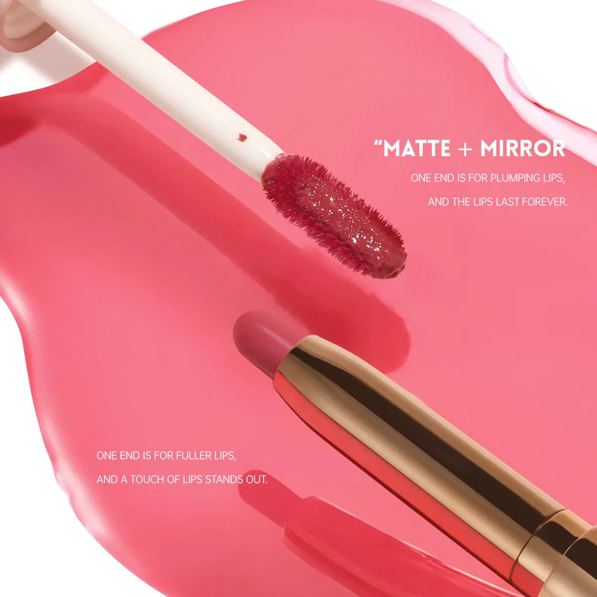 Double-headed lipstick showing matte lipstick on one end and lip gloss on the other in silver casing