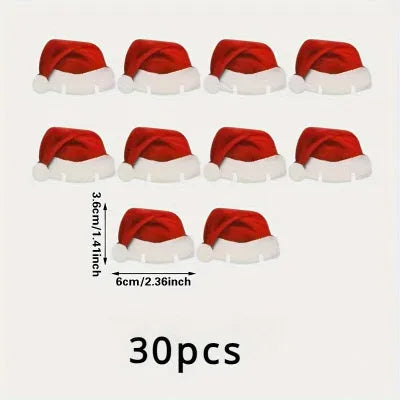 10 red paper Santa hat wine glass toppers on a Christmas table
