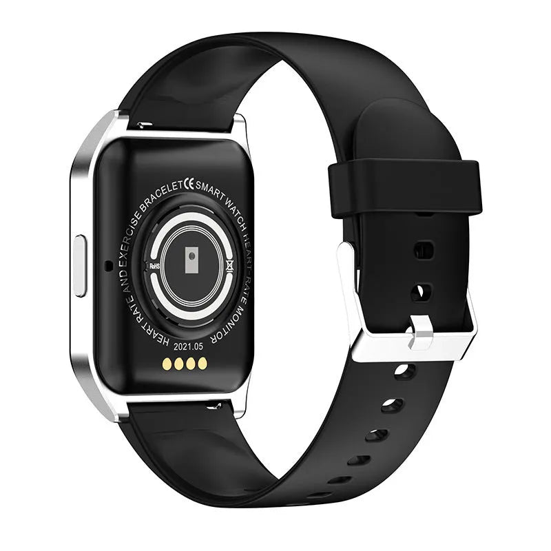 Black smart watch with heart rate monitor on a silicone strap, showing a 1.69-inch colour touchscreen display.
