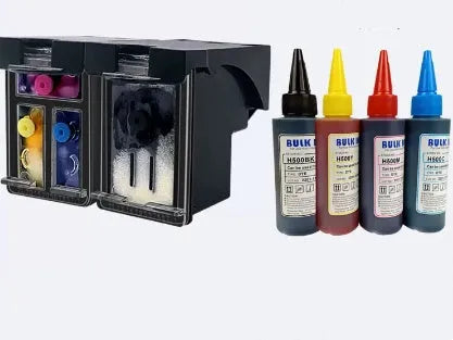 HP 304XL black and colour ink cartridge with two bottles of refill ink on a white background