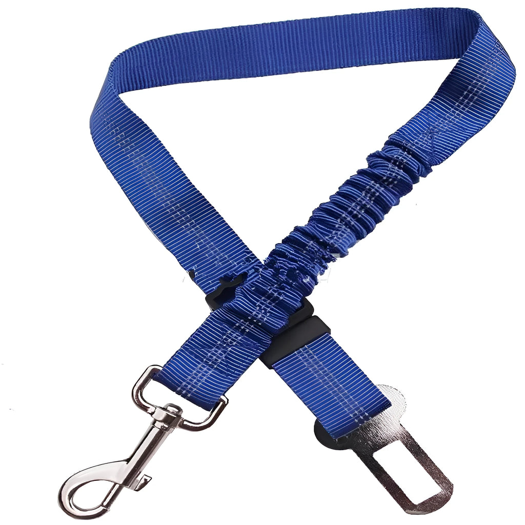 Adjustable nylon dog car seat belt and towing rope in blue, black, brown, red, yellow, or green