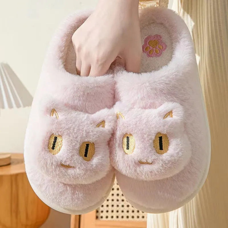 Cotton cat slippers with plush cat face design, memory foam insole, suede upper, available in multiple colours.