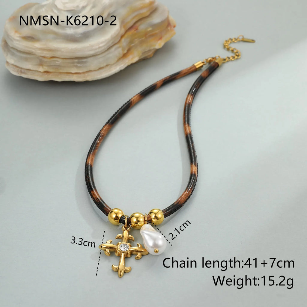 Geometric leopard leather pendant on stainless steel necklace with adjustable 41-50cm chain