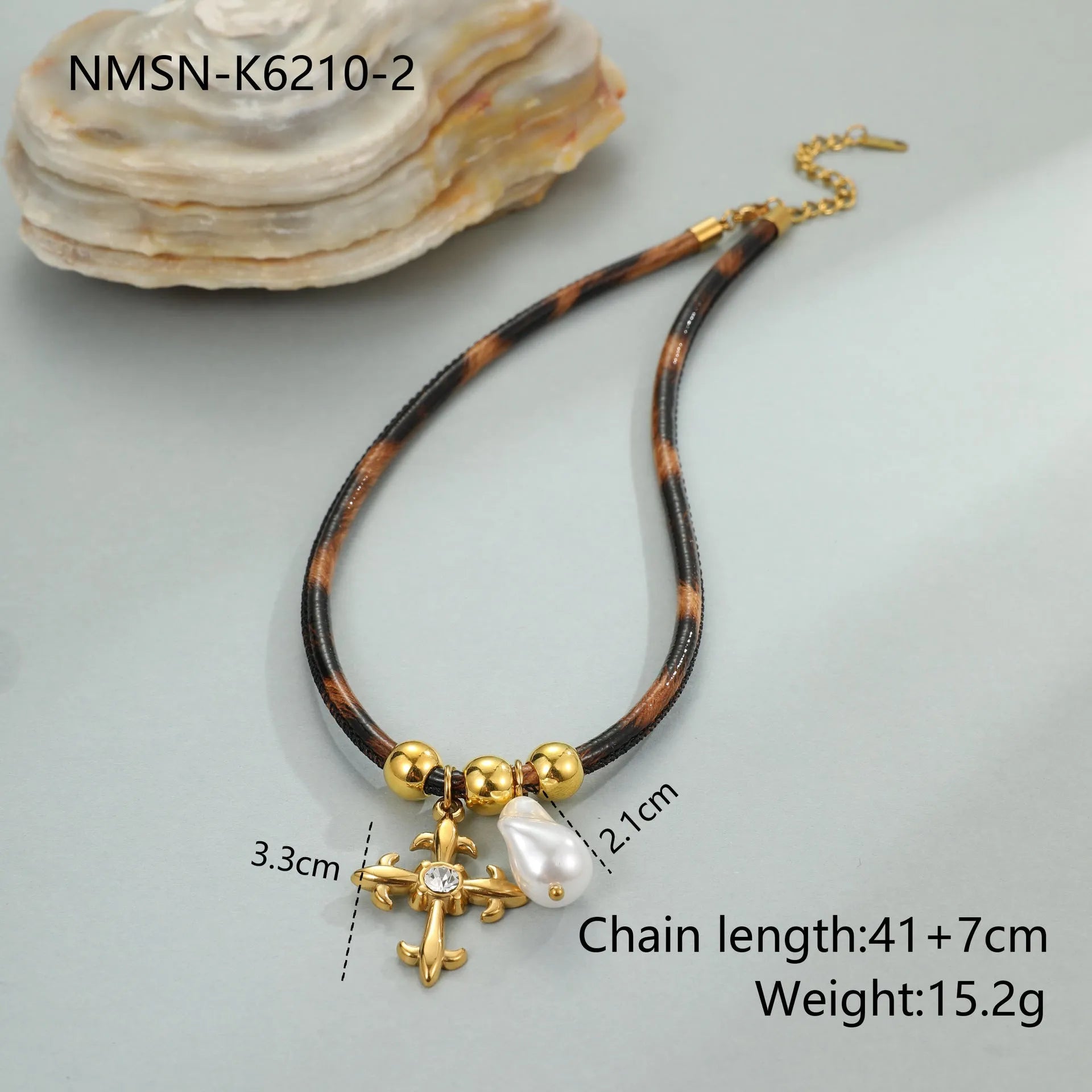 Geometric leopard leather pendant on stainless steel necklace with adjustable 41-50cm chain