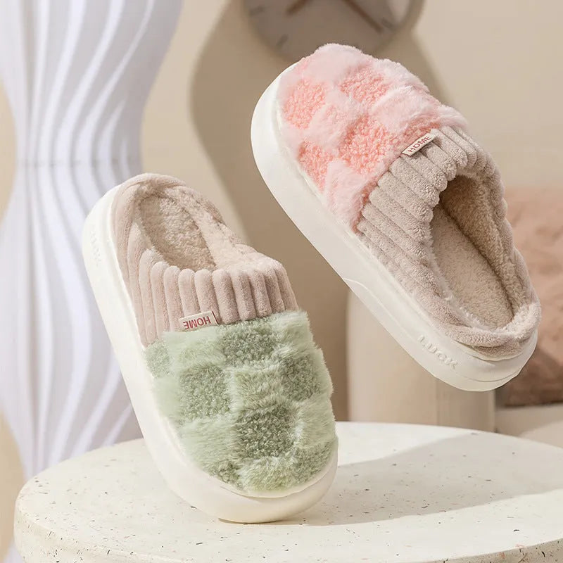 Women's plaid pattern plush slippers with coral velvet upper and PVC anti-slip sole