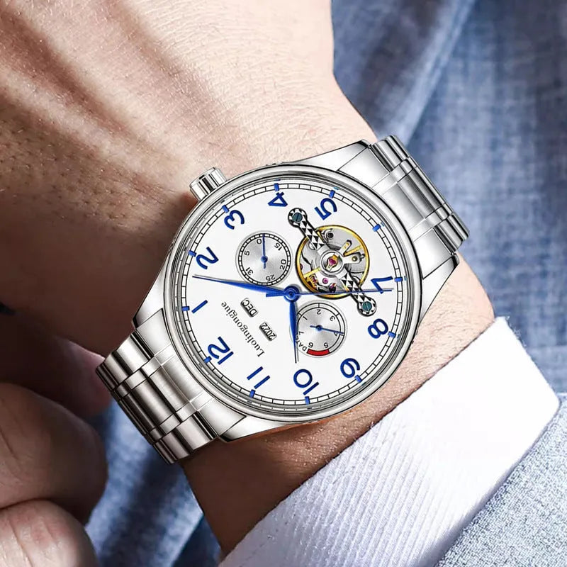 Men's silver and black business mechanical watch with leather strap and sapphire glass.