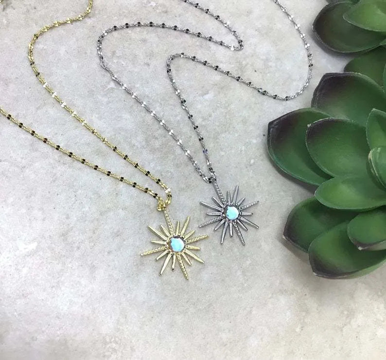 Boho gold sun god geometric pendant necklace on alloy chain with electroplated finish