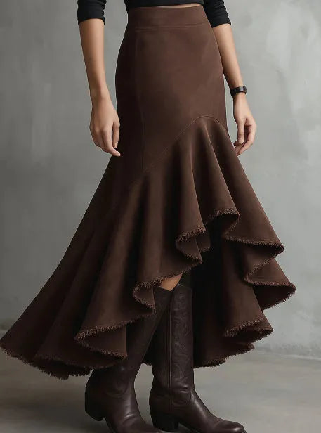 Western brown polyester maxi skirt with high-low hemline and ruffle trim detail