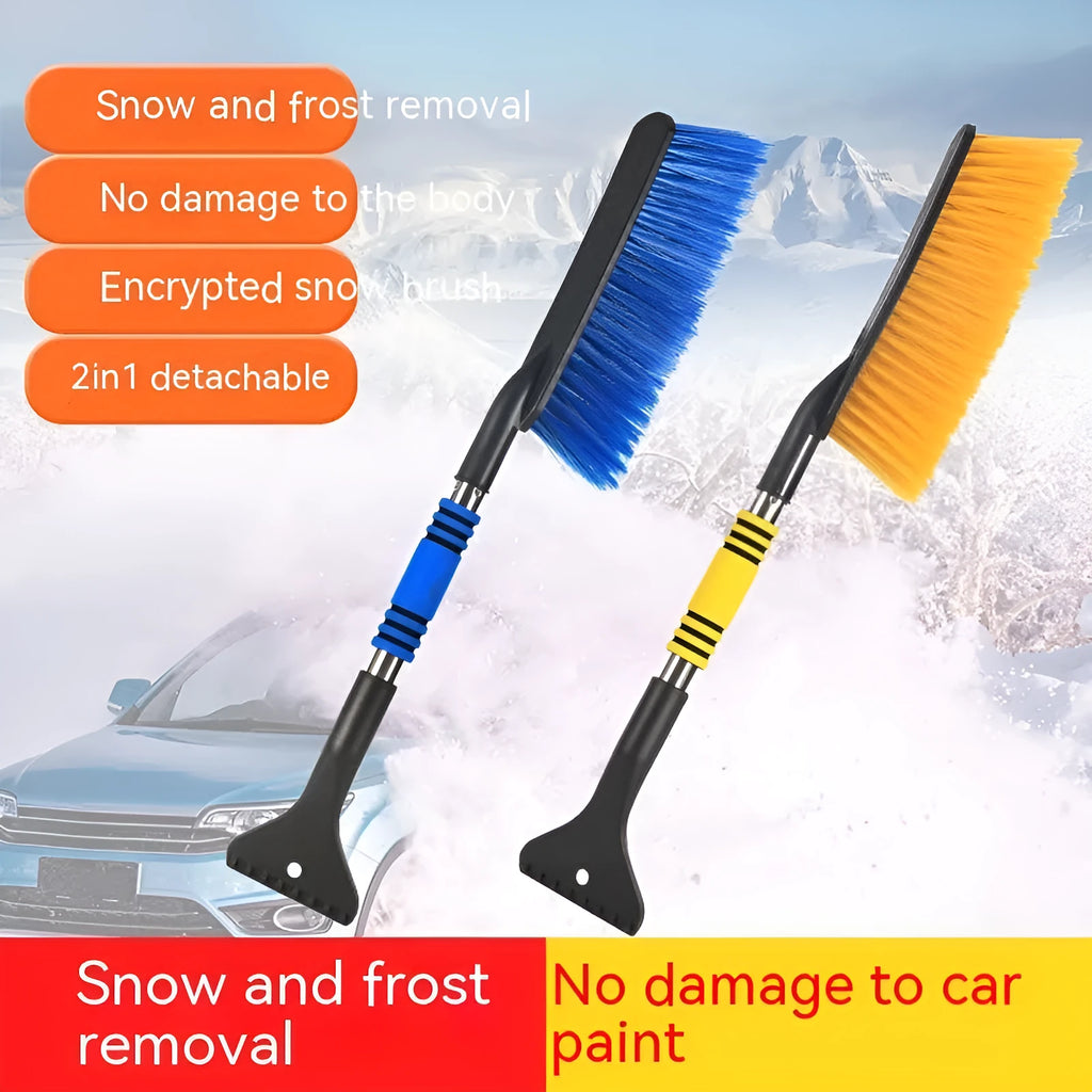Yellow and blue telescopic car snow brushes with long handles for winter vehicle defrosting