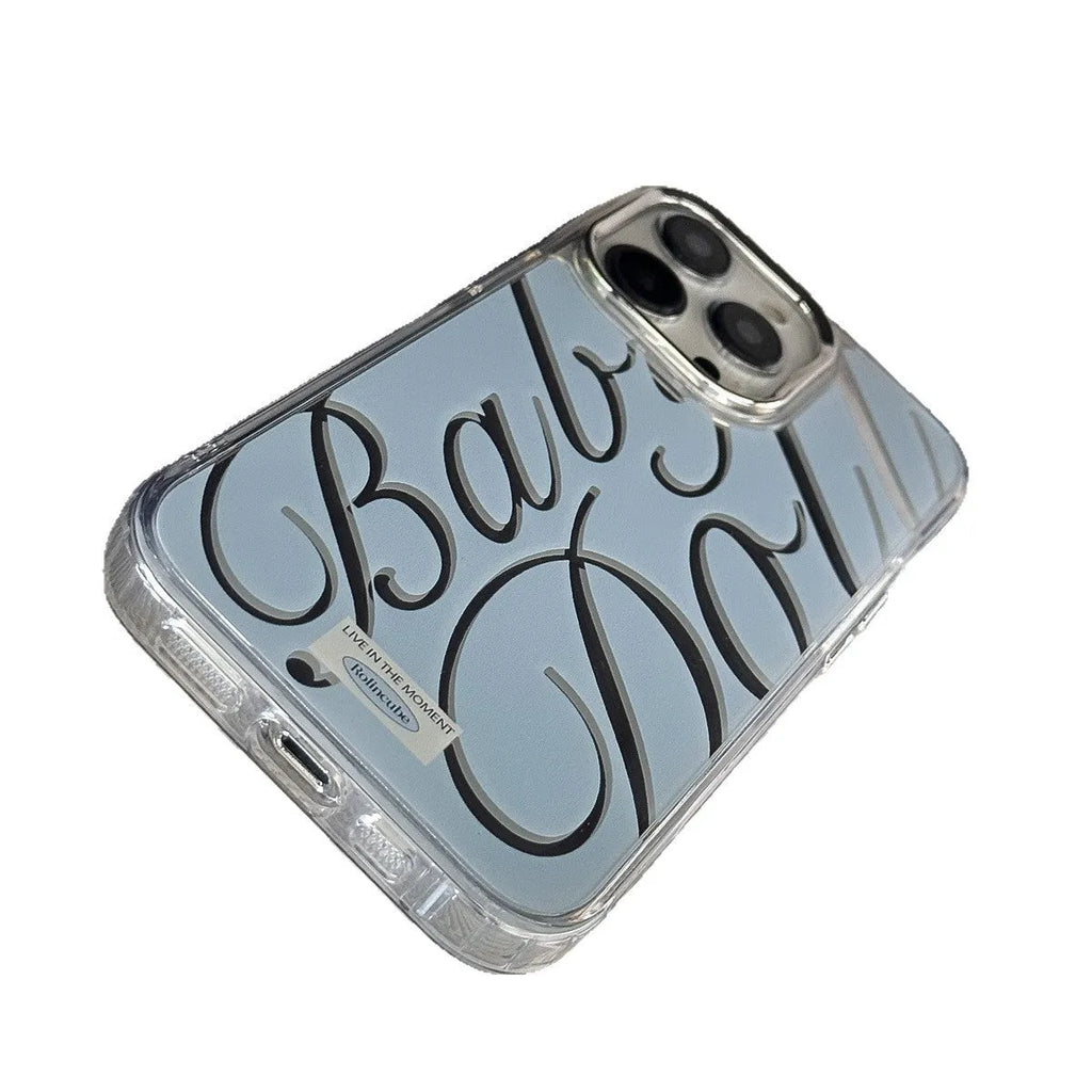 Transparent blue mirror iPhone case with JMKJ English letters showing frosted finish