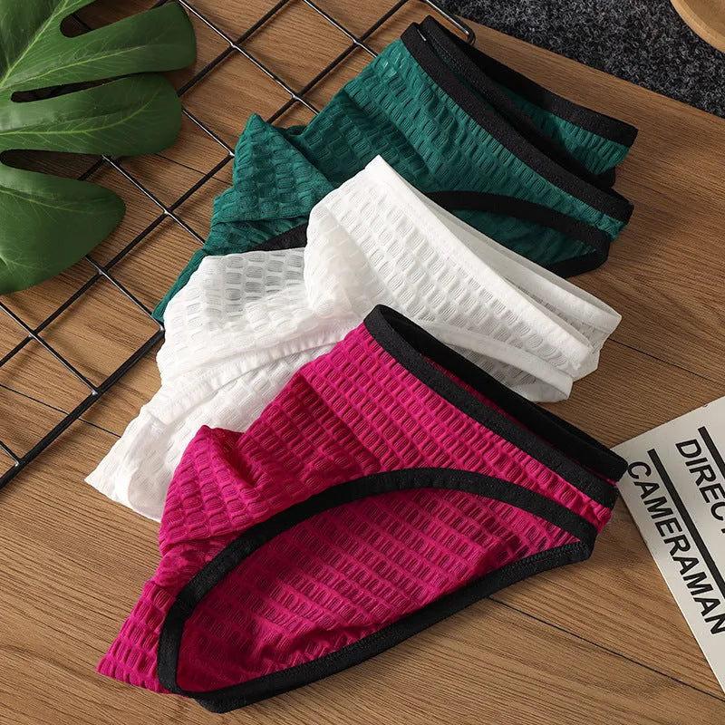 Men's low waist transparent lace underwear shorts in multiple colours on size chart