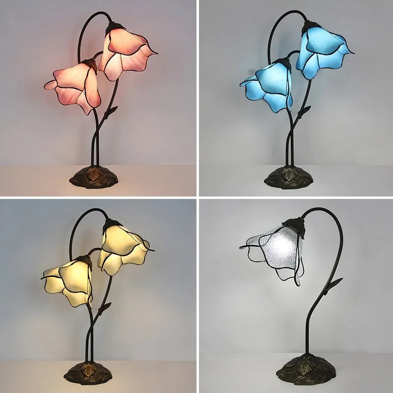 American classical retro style glass table lamp with ornate lotus shade, shown in a beige double head configuration.