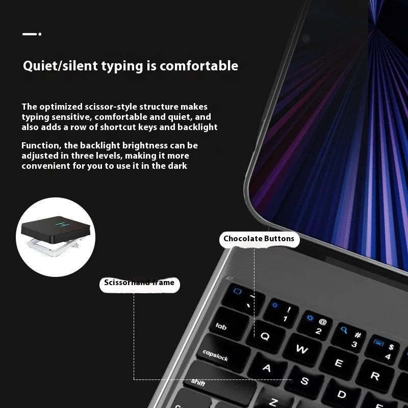 Bluetooth wireless keyboard with magnetic protective cover for iPad Pro and iPad Air tablets in various colours.