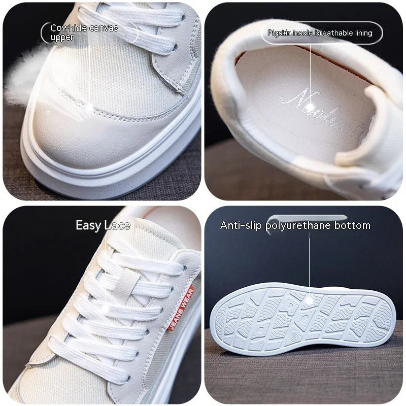Women's beige leather board shoes with a thick platform sole on a white background.