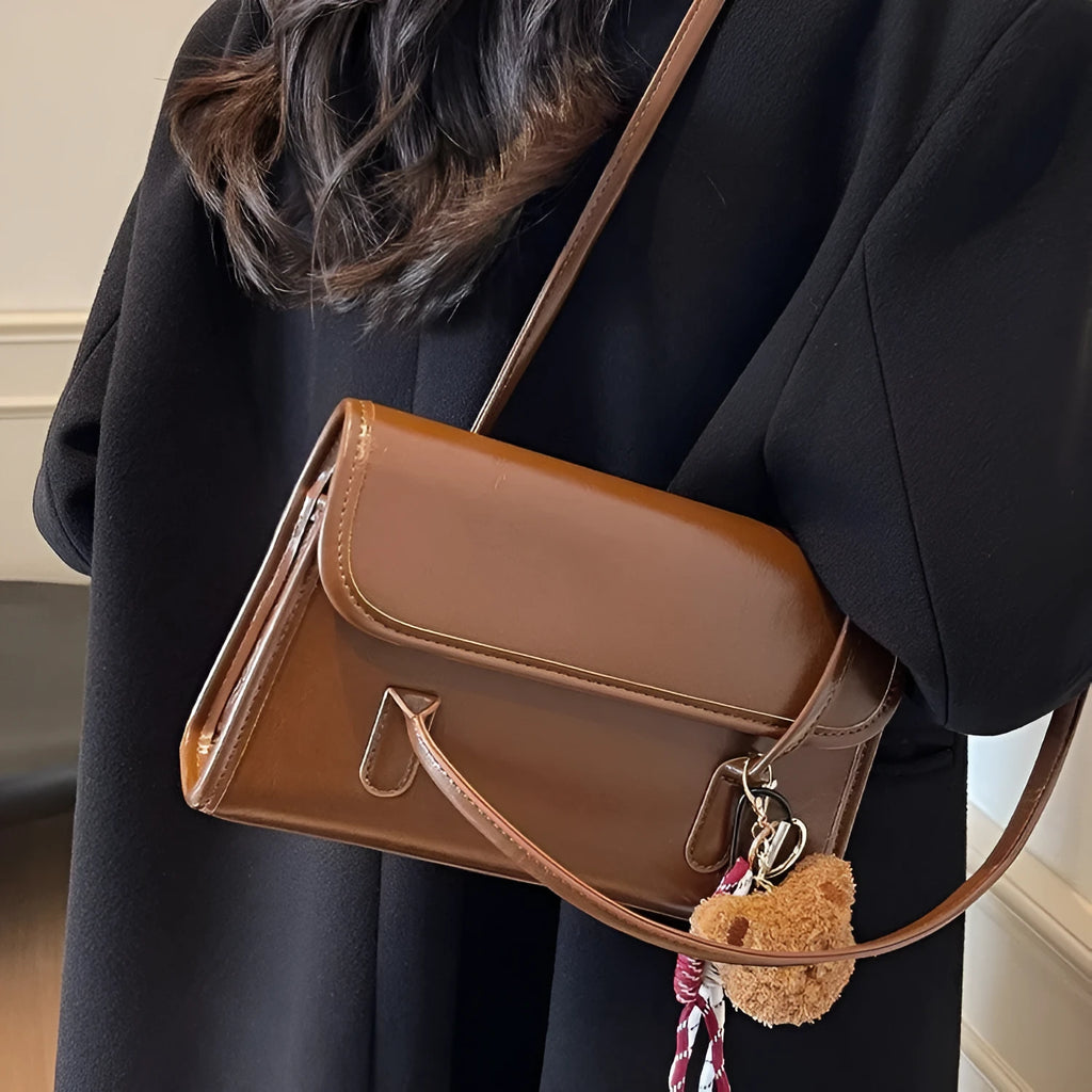 Brown women's horizontal square PU leather shoulder bag with pendant charm and double straps