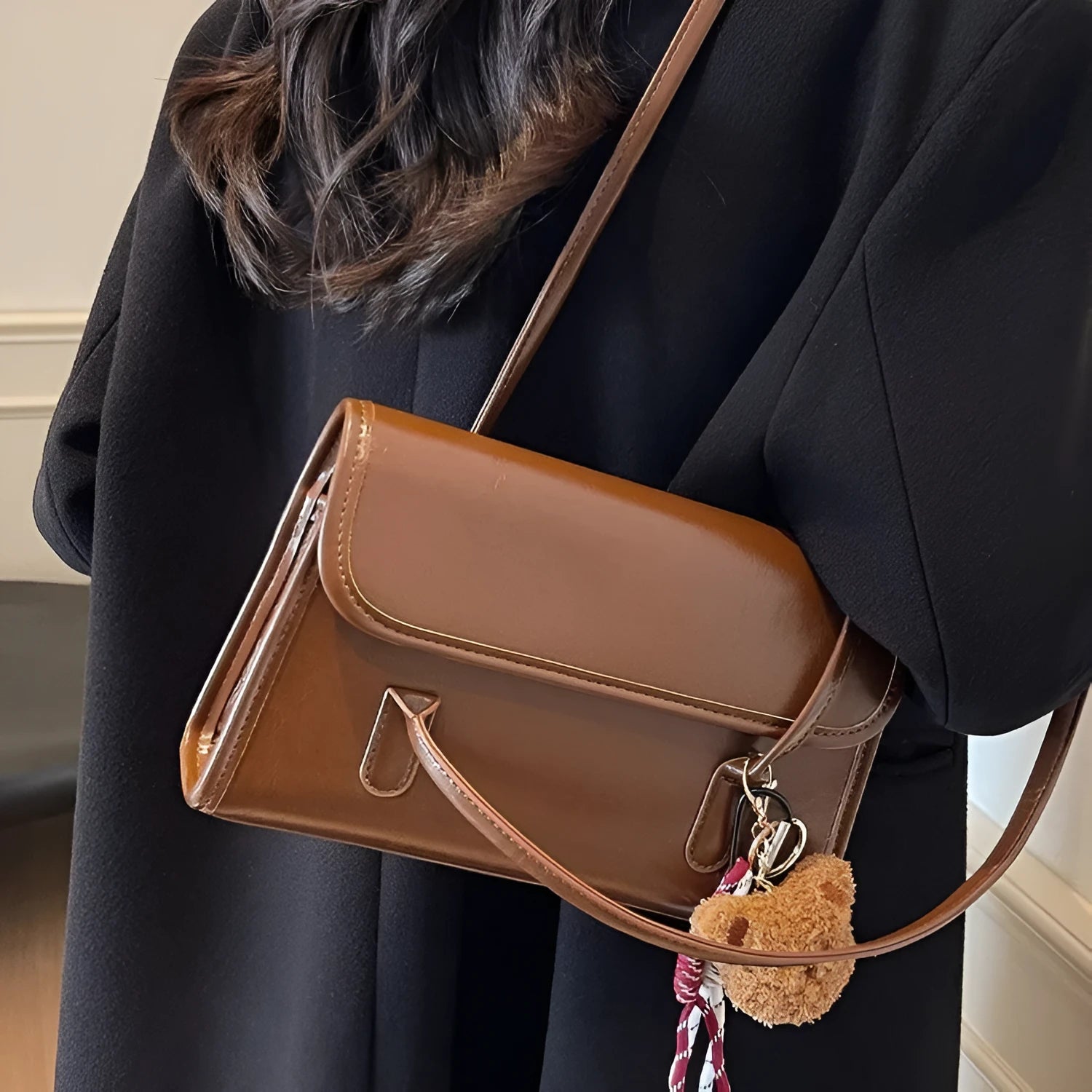Brown women's horizontal square PU leather shoulder bag with pendant charm and double straps