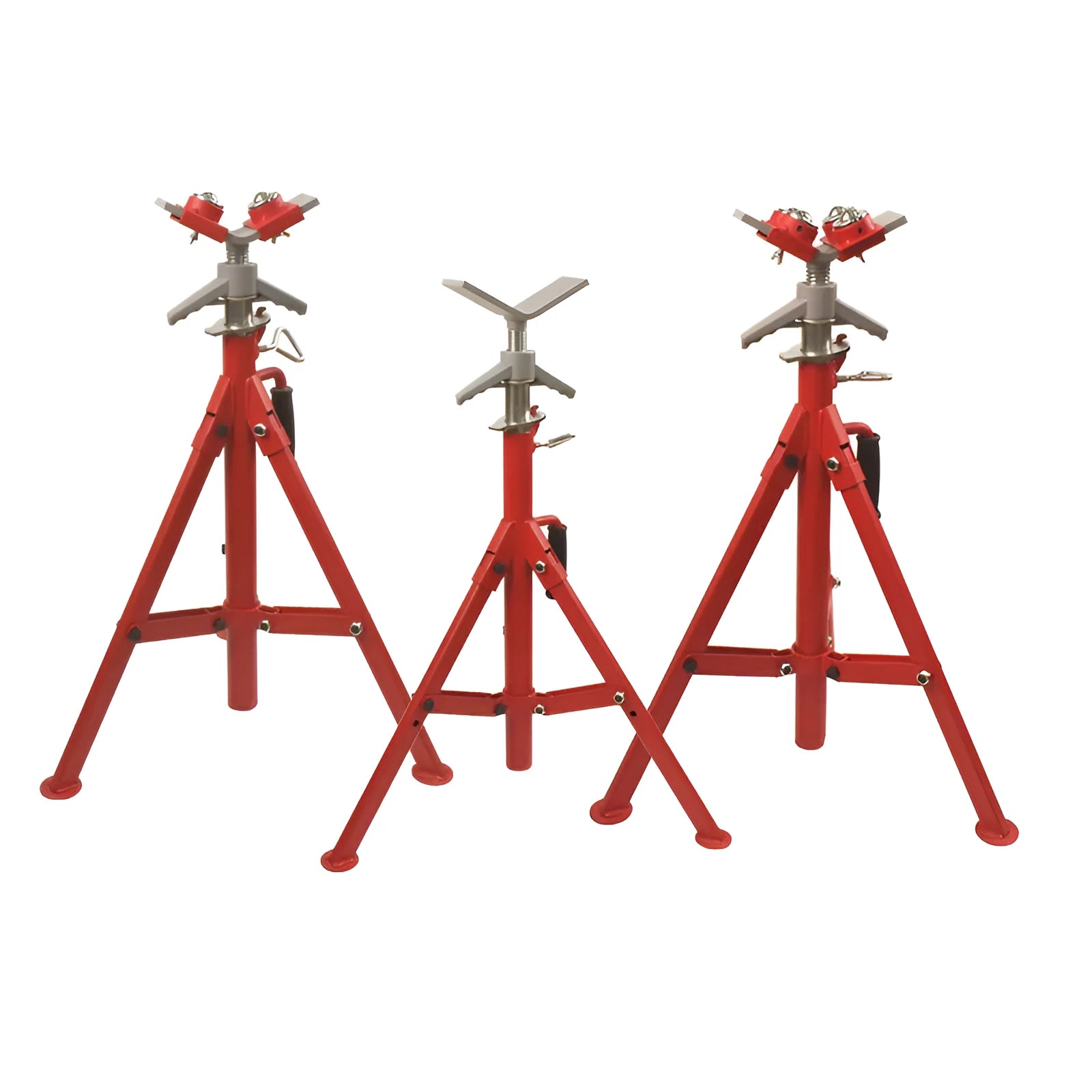 Metal V-head pipe support bracket with integrated ball joints for steel pipe mounting.