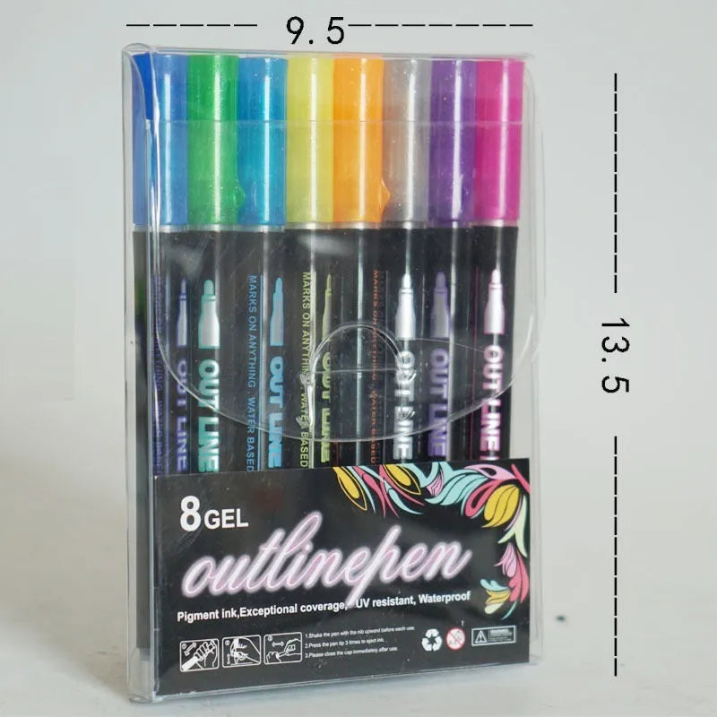 12-colour double line outline pen set in metal case with 1mm-2mm width plastic pen heads