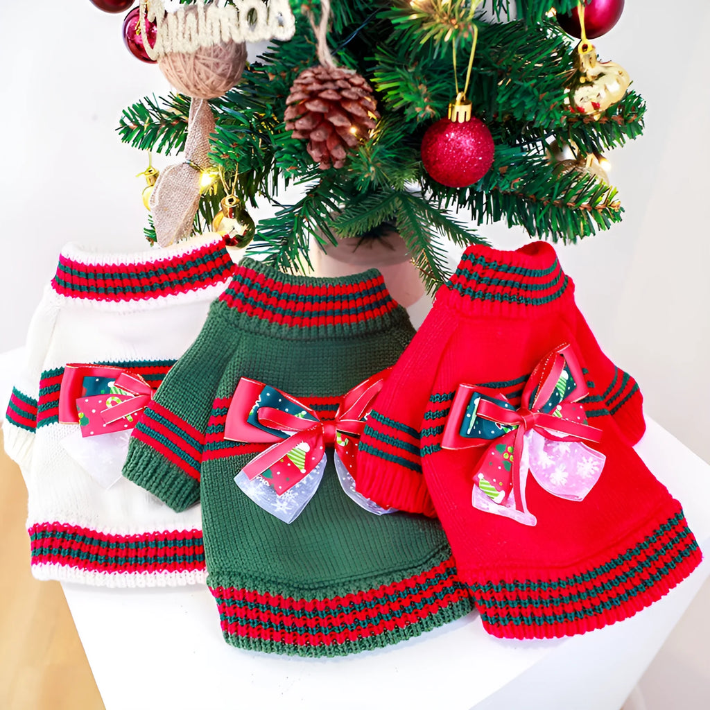 Red Christmas dog jumper on small dog showing festive holiday patterns and full coverage design