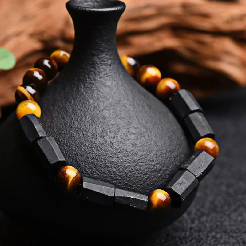 Natural obsidian bracelet with constellation design and 8mm stone in retro unisex style