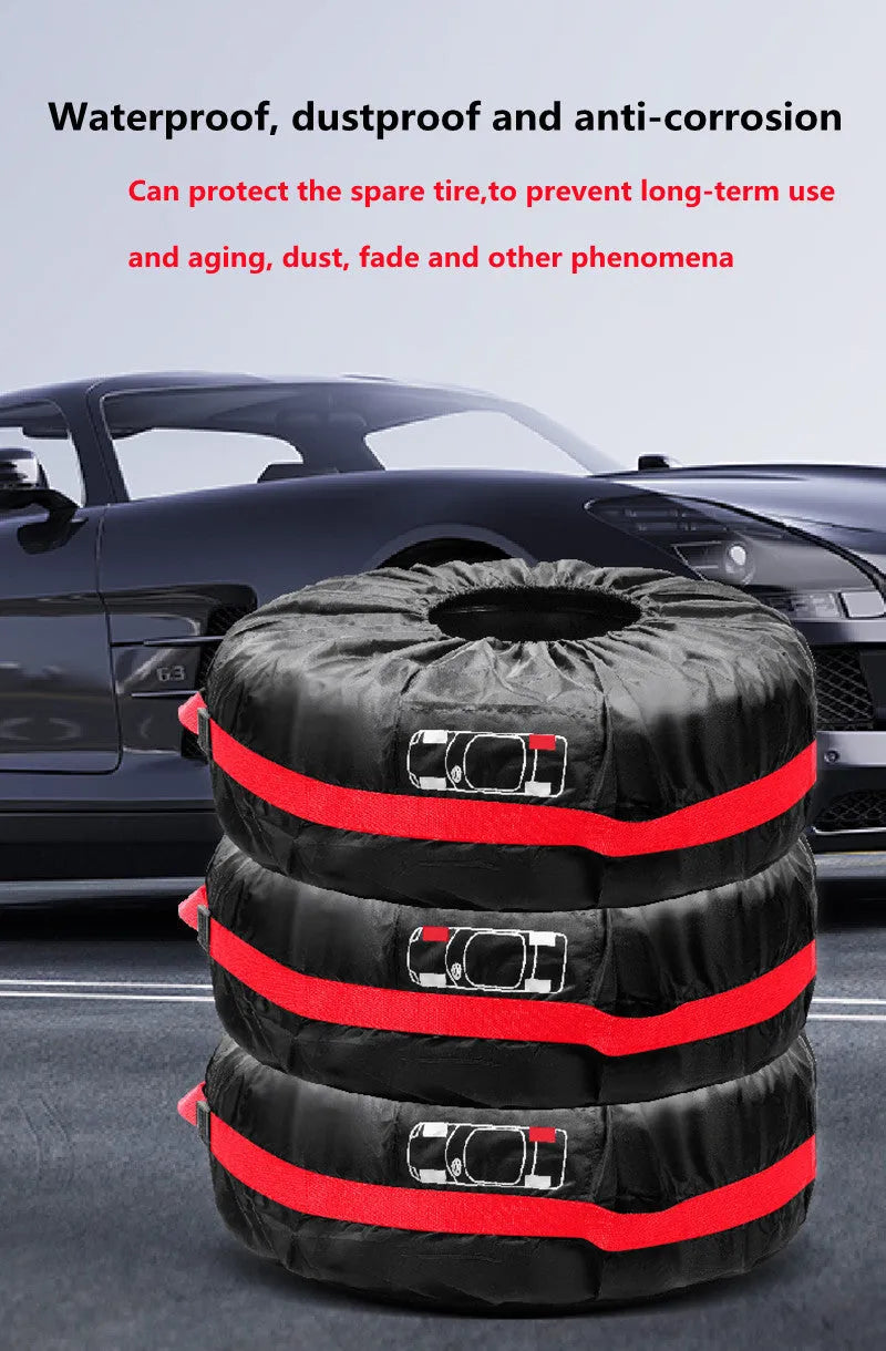 Four black Oxford cloth polyester tyre protective covers laid flat, showing their circular shape.