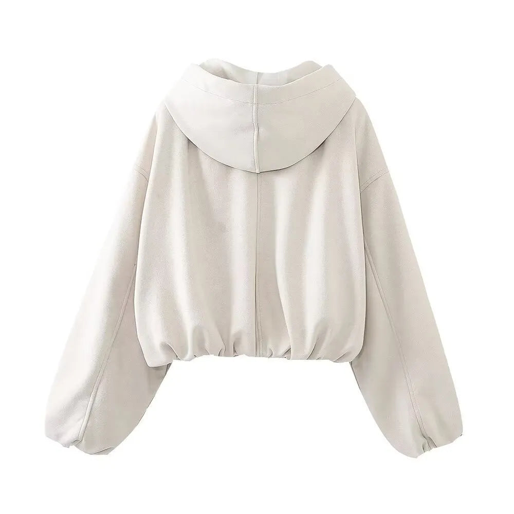 Women's suede hooded jacket in black or white colour showing casual styling and hood detail