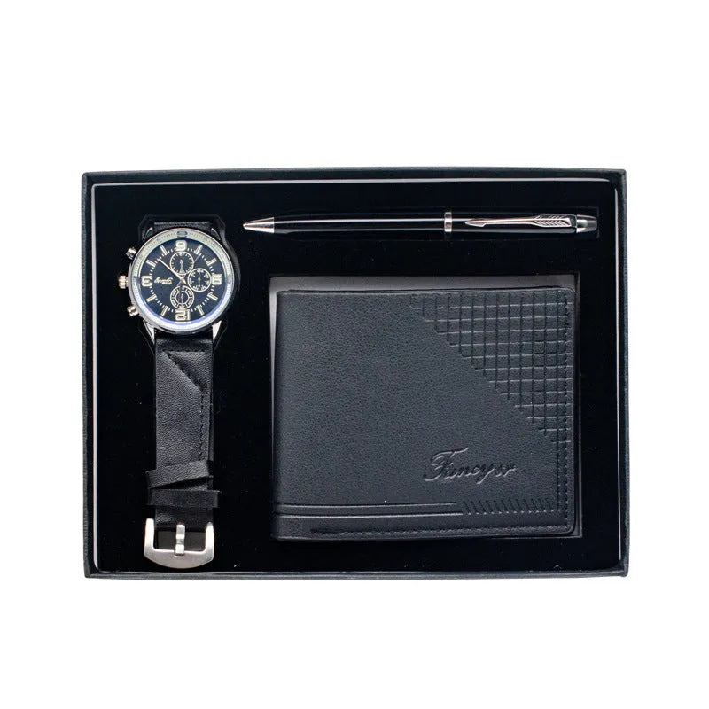 Creative holiday gift set containing a brown wallet, pen, and watch inside an open gift box.