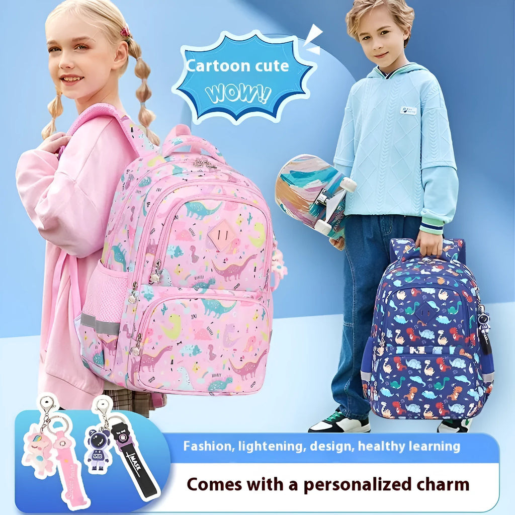 Children's waterproof Oxford cloth school backpack in dinosaur pattern with curved shoulder straps
