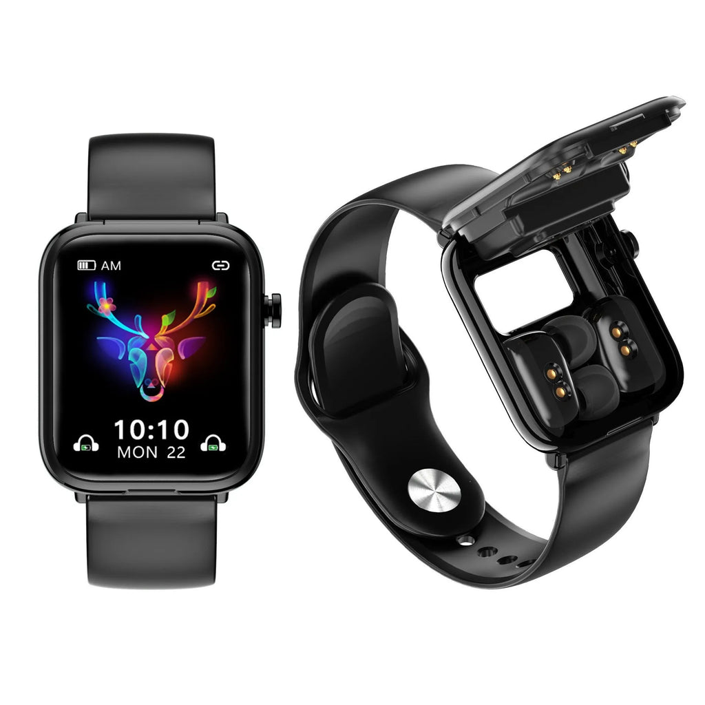 Black all-touch smart Bluetooth headset watch with 1.69-inch screen on wrist, showing charging case with earpieces.