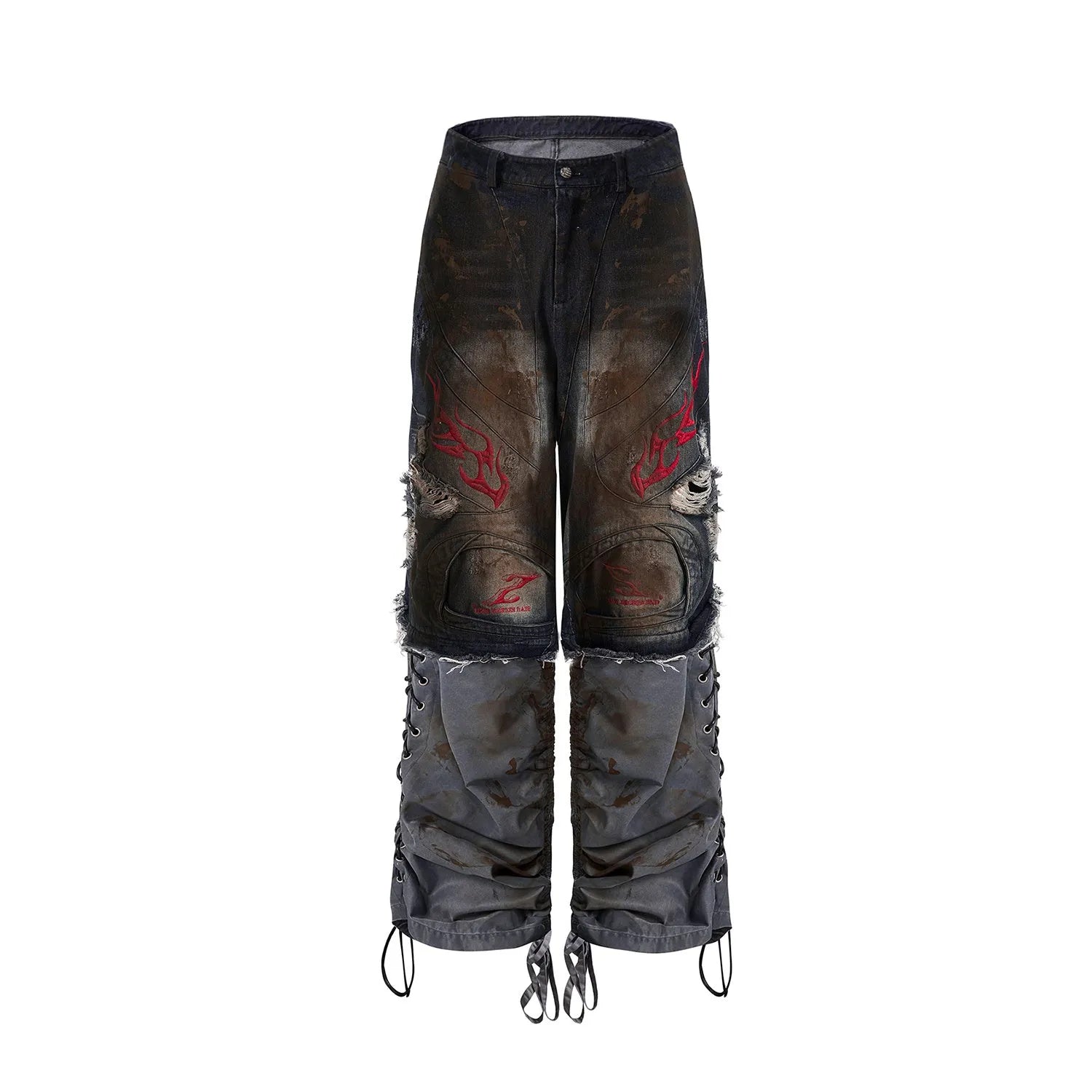 Men's light blue wide-leg jeans with detachable legs shown in a retro style.